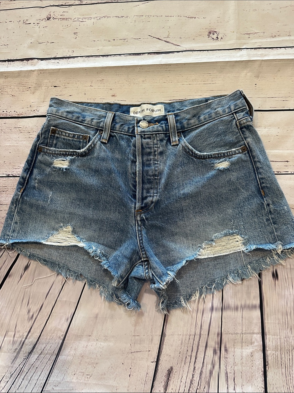 Denim Forum Distressed Light Blue Frayed Hem Jean Shorts